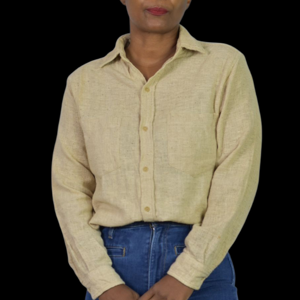 Vintage Cotton Button Down Shirt Tan Oatmeal Woven Gauze India Casual Small Mens